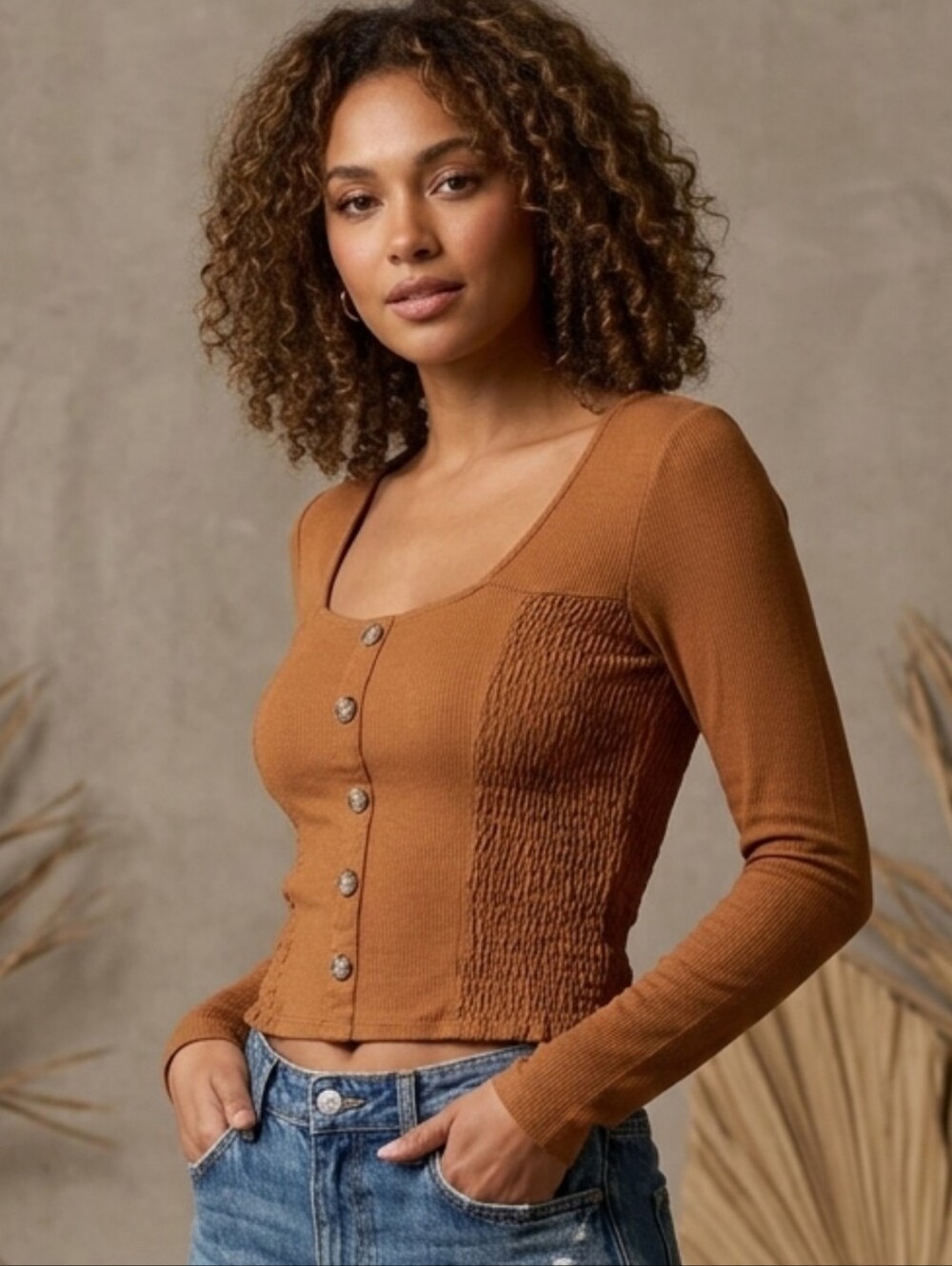 No Boundaries Rust Ribbed Scoop-Neck Button Long Sleeve Top